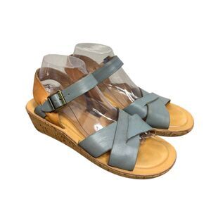 Kork-Ease Womens 10 Myrna Wedge Cork Sandal Blue/Tan Leather